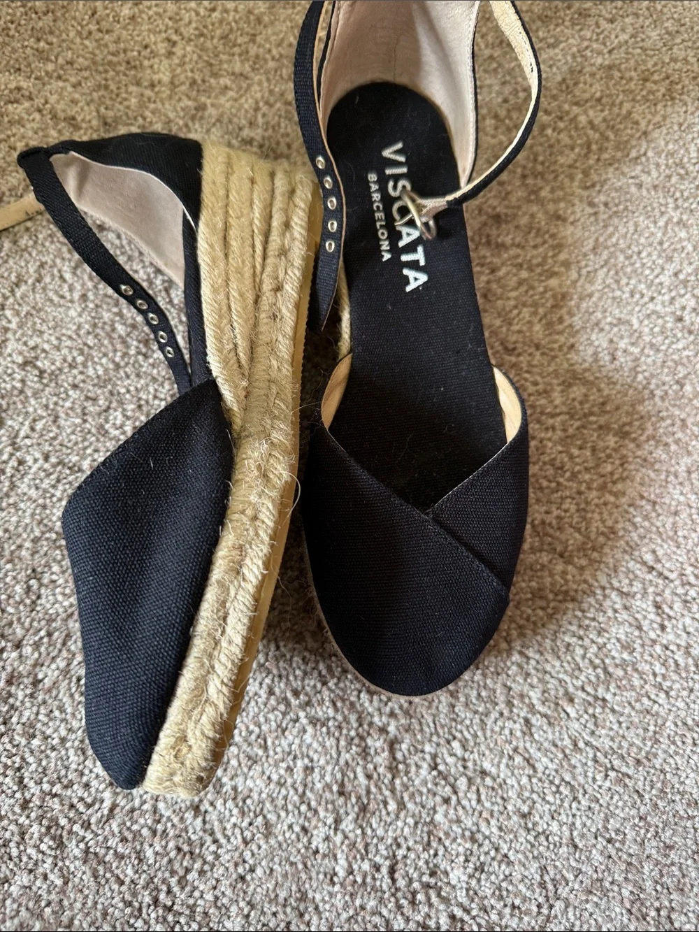 VISCATA Barcelona Black Canvas Espadrille Ankle-Strap Wedges
